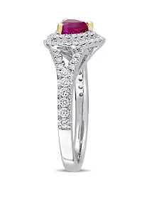 3/5 ct. t.w. Ruby and 2/5 Diamond Double Halo Heart Ring 14k White Gold with Yellow Prongs
