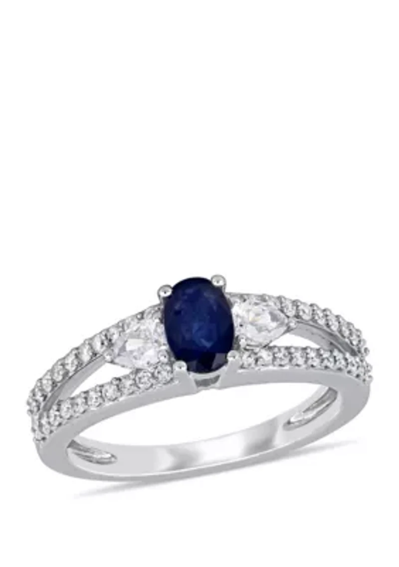5/8 ct. t.w. Sapphire and 1/2 Diamond 3-Stone Engagement Ring 14k White Gold