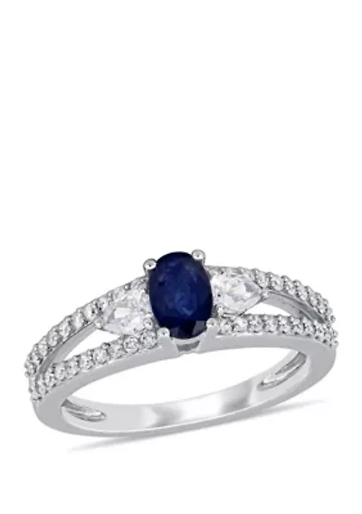 5/8 ct. t.w. Sapphire and 1/2 Diamond 3-Stone Engagement Ring 14k White Gold