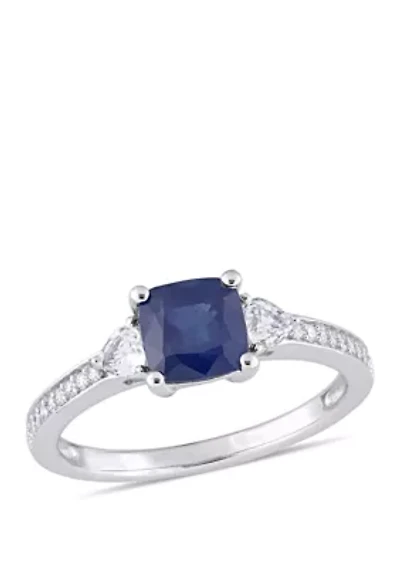 Sapphire and White 3-Stone Ring with 1/10 ct. t.w. Diamond 14k Gold