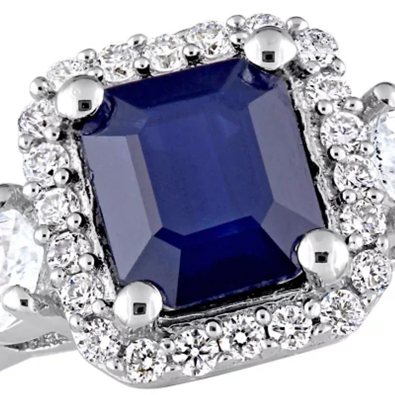 Blue and White Sapphire 1/6 ct. t.w. Diamond Halo 3-Stone Ring 14K Gold