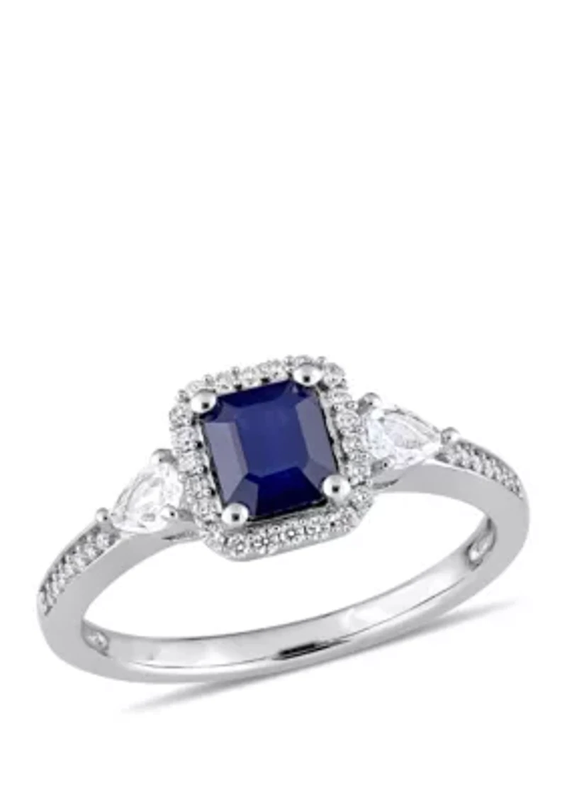 Blue and White Sapphire 1/6 ct. t.w. Diamond Halo 3-Stone Ring 14K Gold