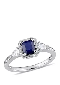 Blue and White Sapphire 1/6 ct. t.w. Diamond Halo 3-Stone Ring 14K Gold