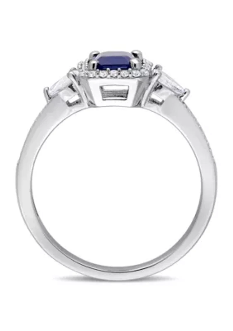 Blue and White Sapphire 1/6 ct. t.w. Diamond Halo 3-Stone Ring 14K Gold