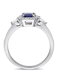 Blue and White Sapphire 1/6 ct. t.w. Diamond Halo 3-Stone Ring 14K Gold