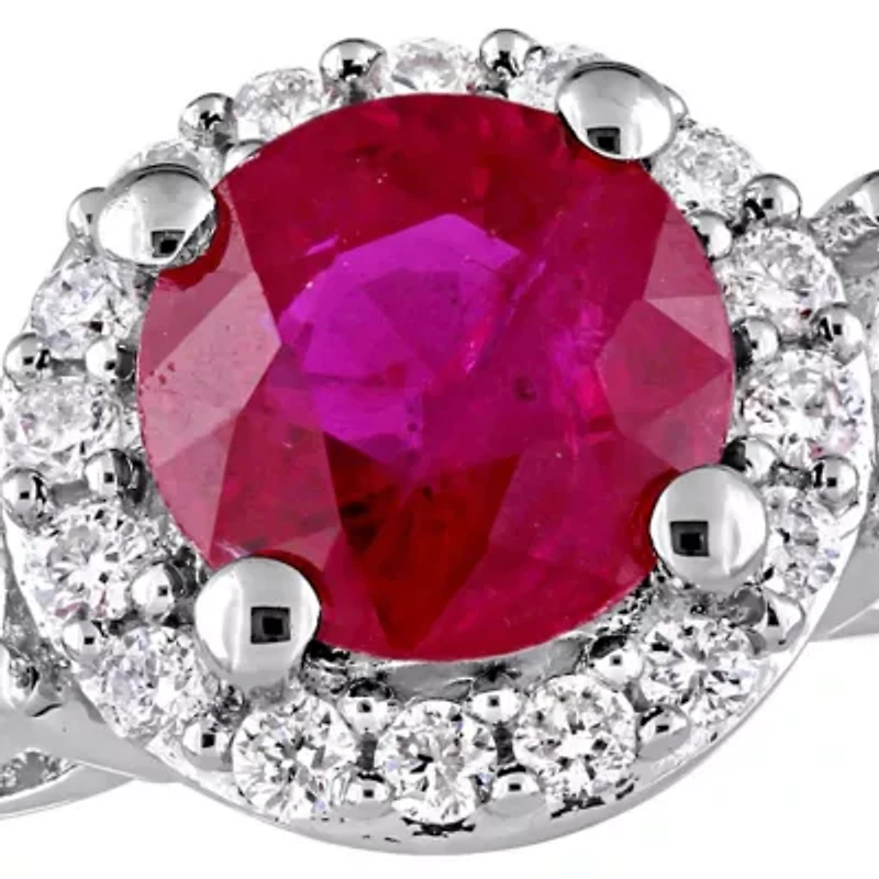 1.0 c.t t.w. Ruby, White Sapphire and 1/8 ct. Diamond Halo 3 Stone Ring 14k Gold