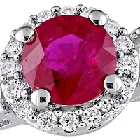 1.0 c.t t.w. Ruby, White Sapphire and 1/8 ct. Diamond Halo 3 Stone Ring 14k Gold