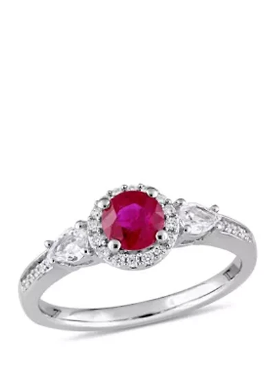 1.0 c.t t.w. Ruby, White Sapphire and 1/8 ct. Diamond Halo 3 Stone Ring 14k Gold
