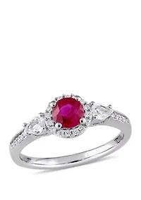 1.0 c.t t.w. Ruby, White Sapphire and 1/8 ct. Diamond Halo 3 Stone Ring 14k Gold