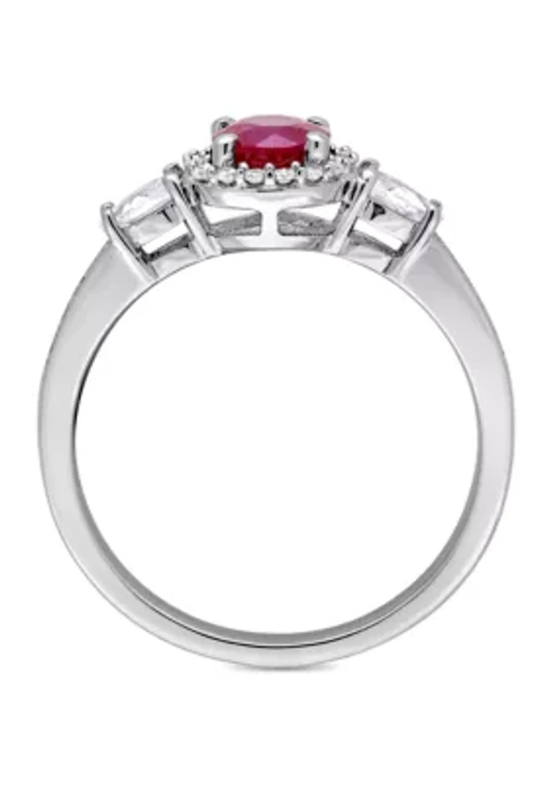 1.0 c.t t.w. Ruby, White Sapphire and 1/8 ct. Diamond Halo 3 Stone Ring 14k Gold