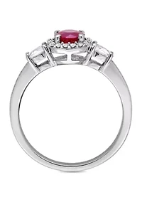 1.0 c.t t.w. Ruby, White Sapphire and 1/8 ct. Diamond Halo 3 Stone Ring 14k Gold