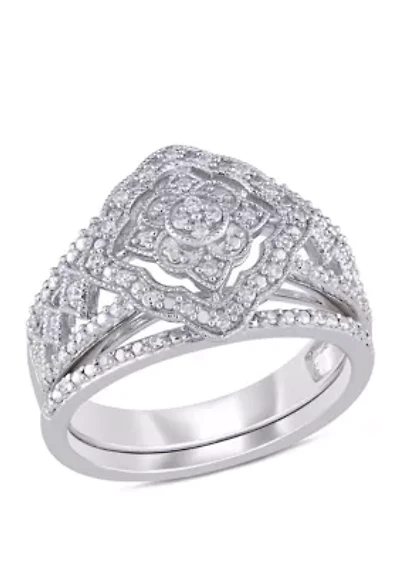 1/4 ct. t.w. Diamond Halo Bridal Set Sterling Silver