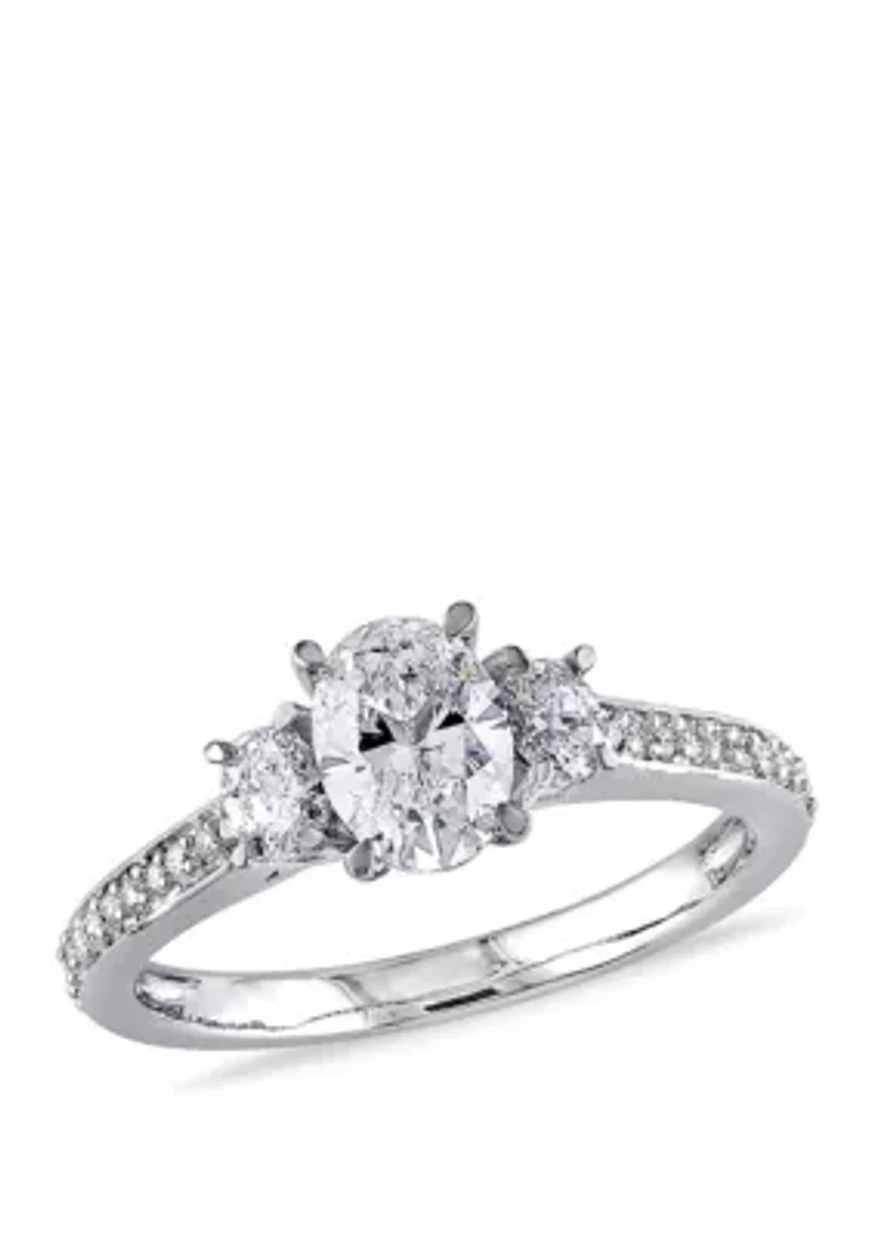 1.1 ct. t.w.Oval Cut and Round Diamond 3 Stone Engagement Ring 14k White Gold