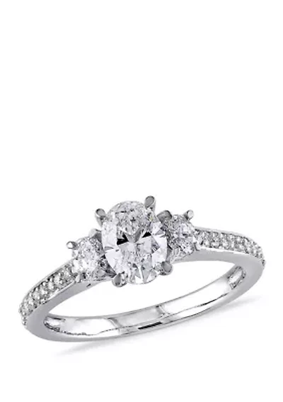 1.1 ct. t.w.Oval Cut and Round Diamond 3 Stone Engagement Ring 14k White Gold