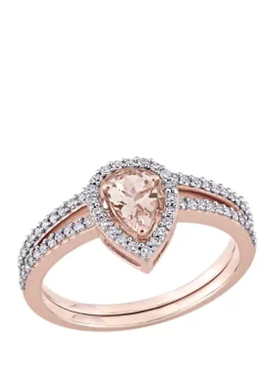 2 Piece 3/8 ct. t.w. Morganite and 1/3 Diamond Halo Interlocking Bridal Ring Set 10k Rose Gold