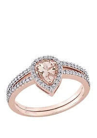 2 Piece 3/8 ct. t.w. Morganite and 1/3 Diamond Halo Interlocking Bridal Ring Set 10k Rose Gold