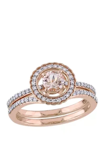 2 Piece 1/2 ct. t.w. Morganite and 1/3 Diamond Halo Interlocking Bridal Ring Set 10k Rose Gold