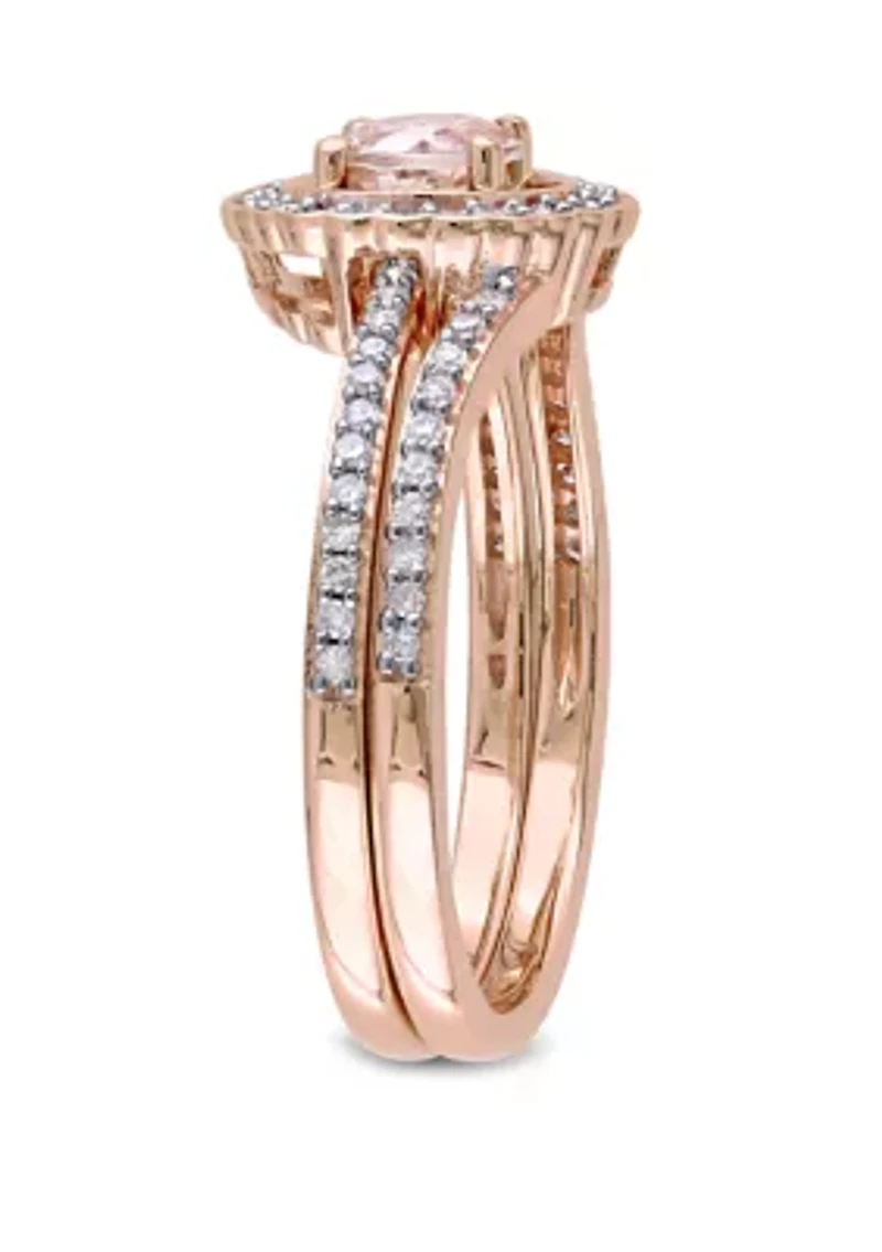 2 Piece 1/2 ct. t.w. Morganite and 1/3 Diamond Halo Interlocking Bridal Ring Set 10k Rose Gold