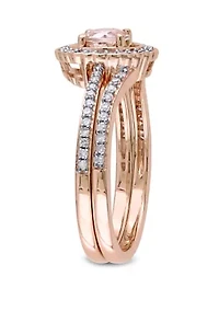 2 Piece 1/2 ct. t.w. Morganite and 1/3 Diamond Halo Interlocking Bridal Ring Set 10k Rose Gold