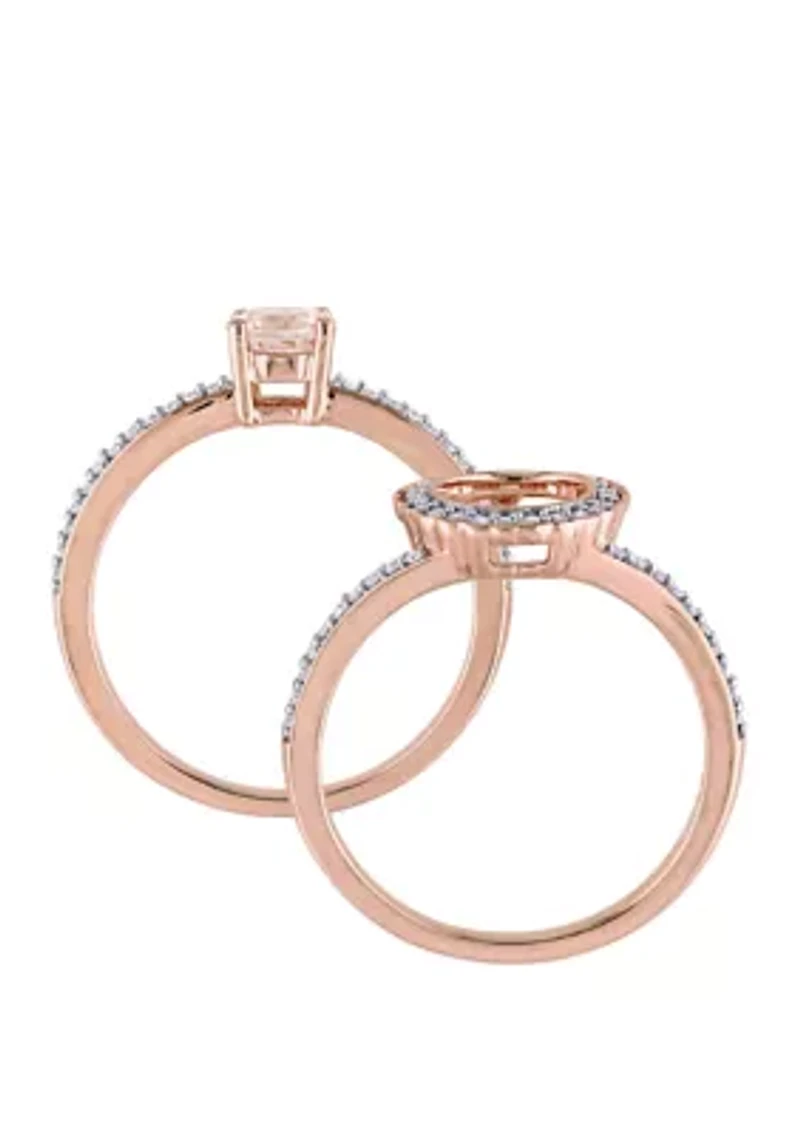 2 Piece 1/2 ct. t.w. Morganite and 1/3 Diamond Halo Interlocking Bridal Ring Set 10k Rose Gold