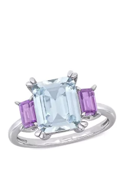 3 ct. t.w Aquamarine and 2/5 t.w. Pink Amethyst 3-Stone Ring Sterling Silver