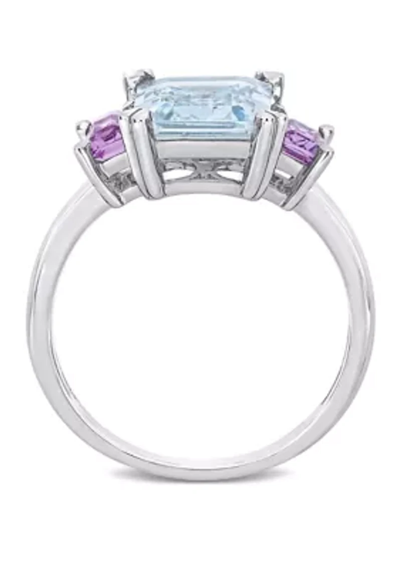 3 ct. t.w Aquamarine and 2/5 t.w. Pink Amethyst 3-Stone Ring Sterling Silver