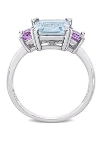 3 ct. t.w Aquamarine and 2/5 t.w. Pink Amethyst 3-Stone Ring Sterling Silver