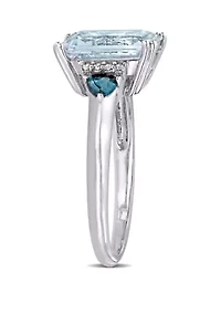 3 ct. t.w. Ice Aquamarine, 1/3 Sapphire, and 1/10 Diamond Accent 3-Stone Ring Sterling Silver