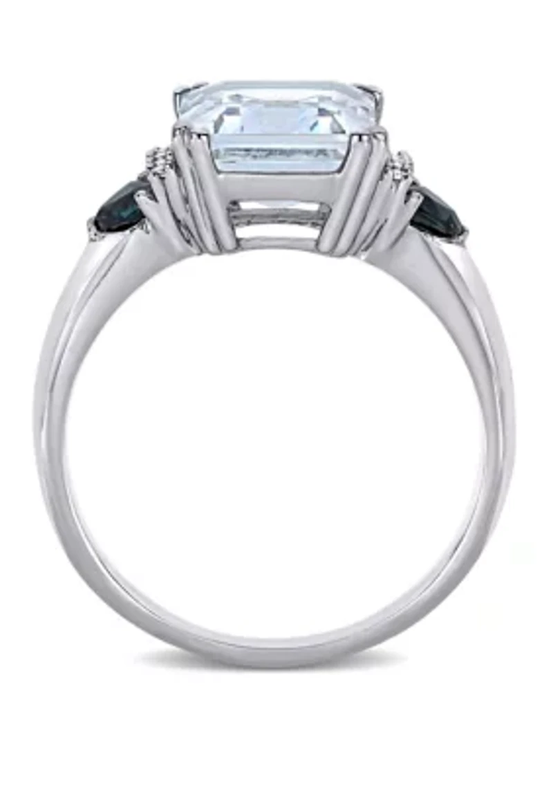 3 ct. t.w. Ice Aquamarine, 1/3 Sapphire, and 1/10 Diamond Accent 3-Stone Ring Sterling Silver