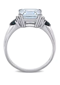 3 ct. t.w. Ice Aquamarine, 1/3 Sapphire, and 1/10 Diamond Accent 3-Stone Ring Sterling Silver