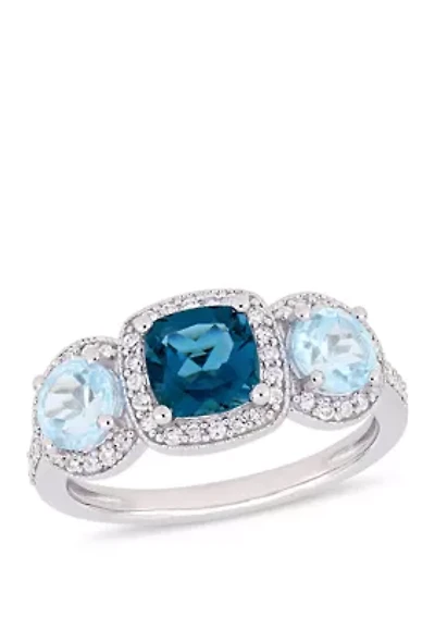 2.17 ct. t.w. London and Sky-Blue Topaz 1/3 Diamond 3-Stone Halo Ring Sterling Silver