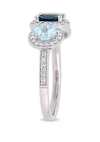 2.17 ct. t.w. London and Sky-Blue Topaz 1/3 Diamond 3-Stone Halo Ring Sterling Silver