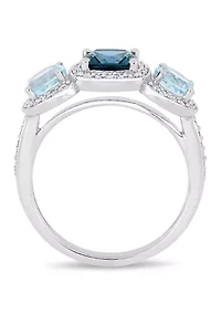 2.17 ct. t.w. London and Sky-Blue Topaz 1/3 Diamond 3-Stone Halo Ring Sterling Silver