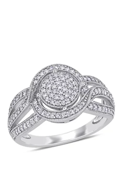 1/2 ct. t.w. Diamond Swirl Halo Triple Row Engagement Ring