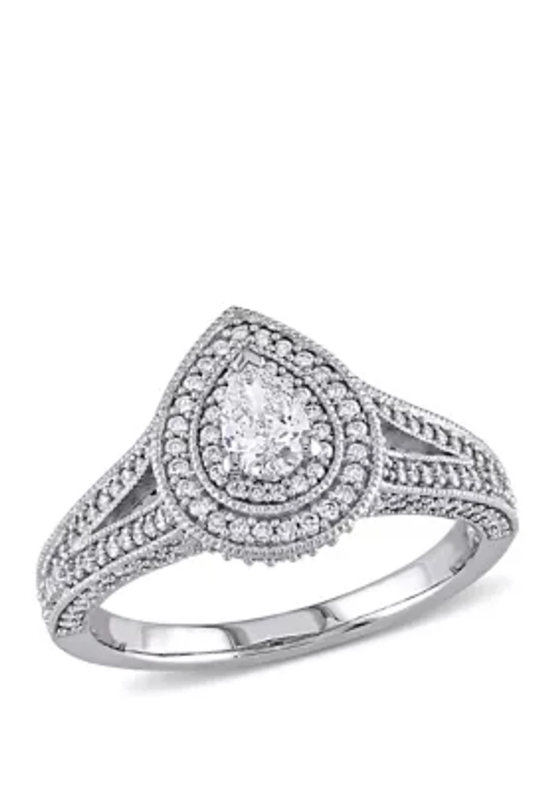 1 ct. t.w. Diamond Pear Raised Split Shank Halo Engagement Ring 14k White Gold