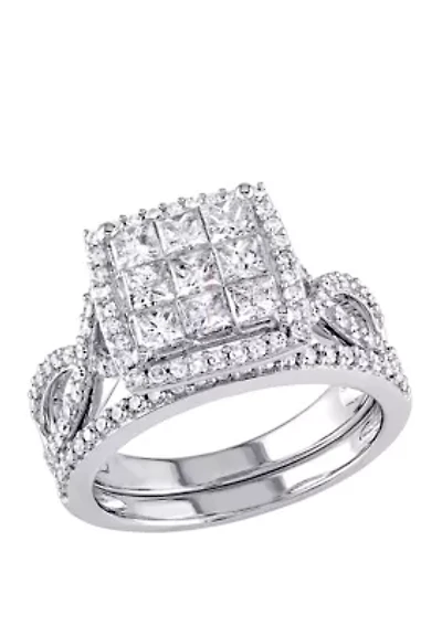 2 Piece 1.5 ct. t.w. Diamond Princess Cut Halo Bridal Set 10k White Gold