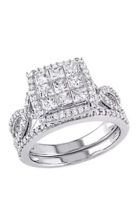 2 Piece 1.5 ct. t.w. Diamond Princess Cut Halo Bridal Set 10k White Gold