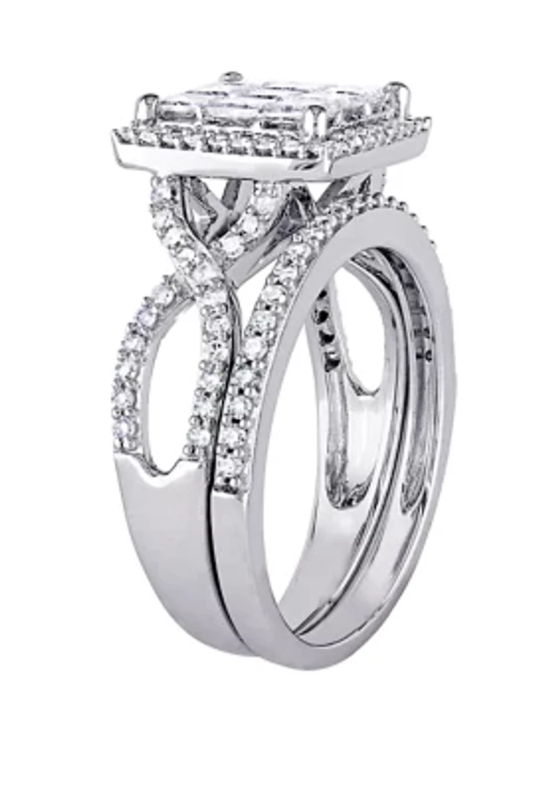 2 Piece 1.5 ct. t.w. Diamond Princess Cut Halo Bridal Set 10k White Gold