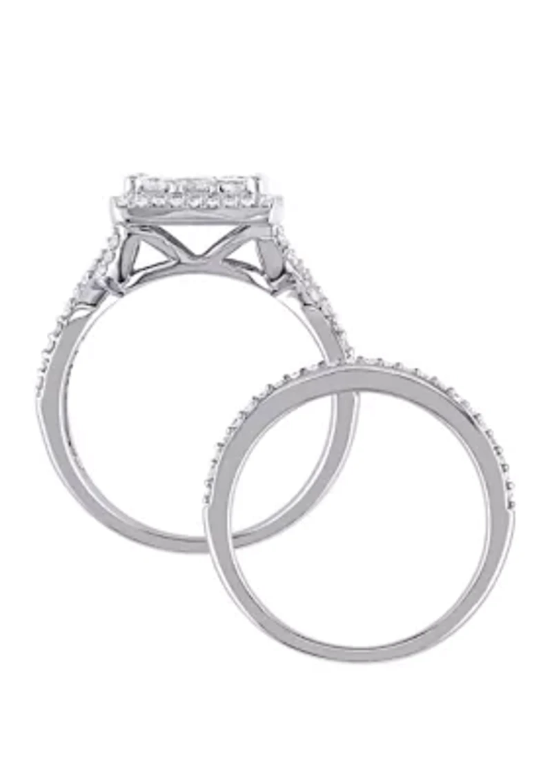 2 Piece 1.5 ct. t.w. Diamond Princess Cut Halo Bridal Set 10k White Gold