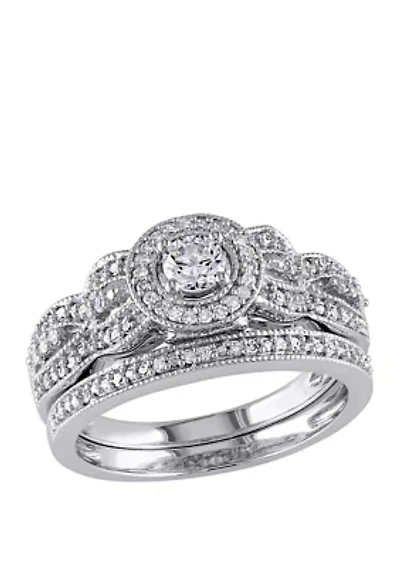 2 Piece 1/2 ct. t.w. Diamond Halo Multi Row Vintage Bridal Set 10k White Gold