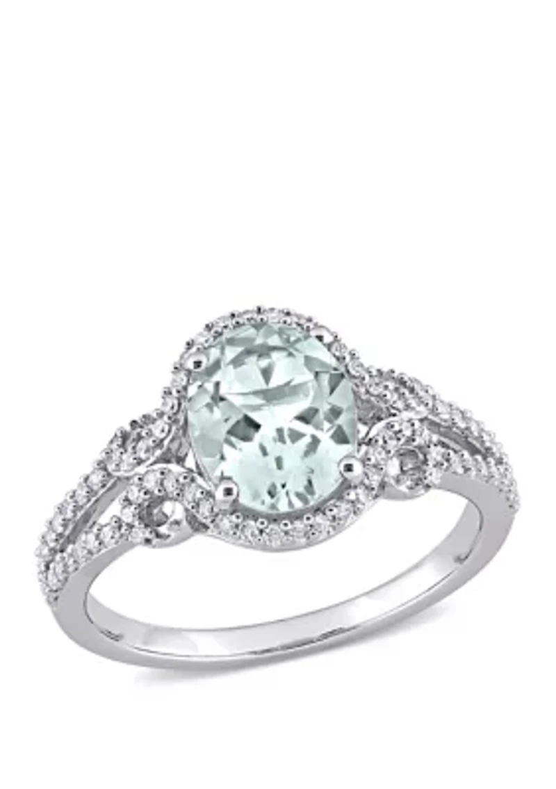 Aquamarine and Diamond Halo Split Shank Ring