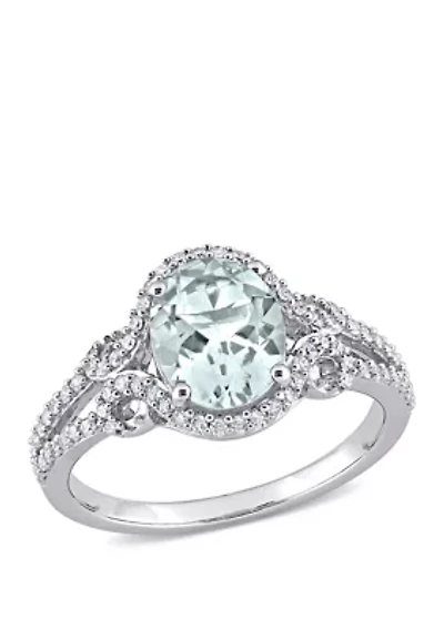 Aquamarine and Diamond Halo Split Shank Ring