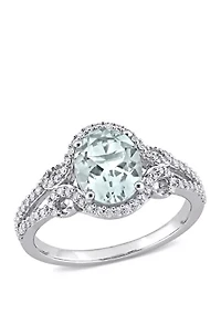 Aquamarine and Diamond Halo Split Shank Ring