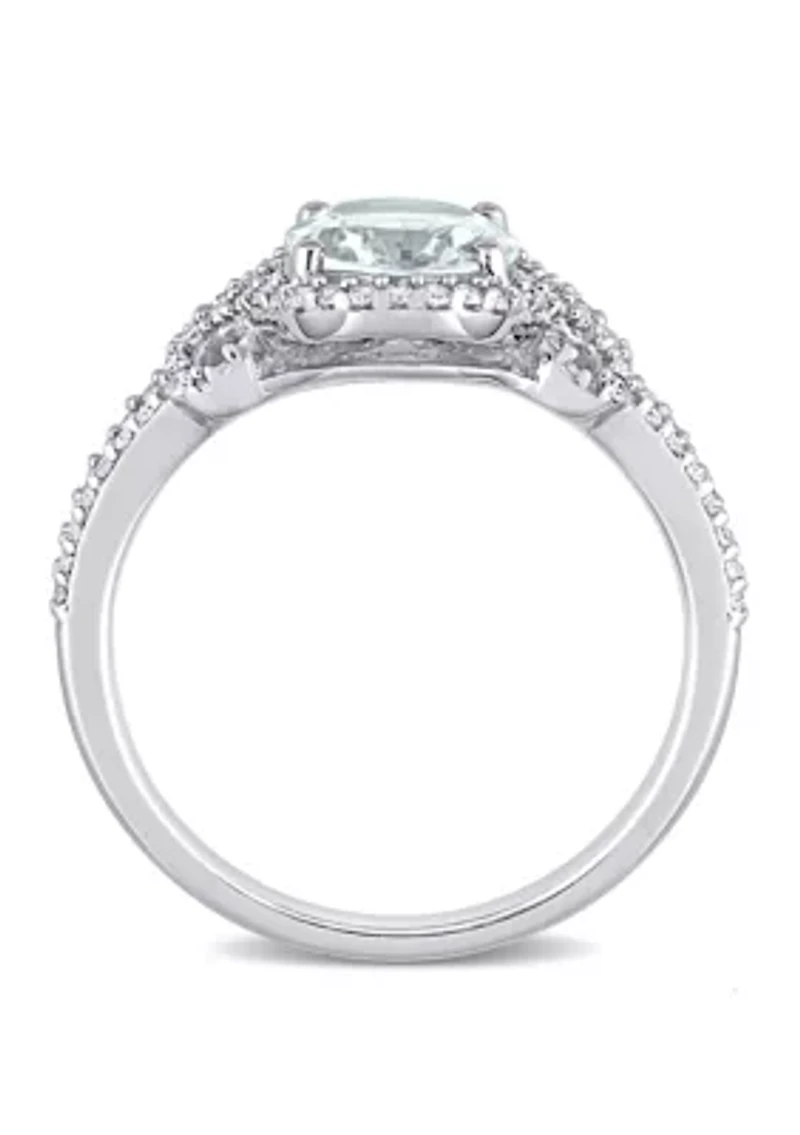 Aquamarine and Diamond Halo Split Shank Ring