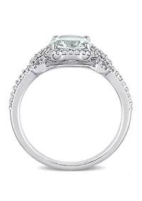 Aquamarine and Diamond Halo Split Shank Ring
