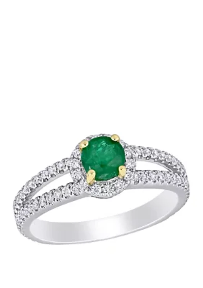 Emerald and Diamond Halo Split Shank Engagement Ring