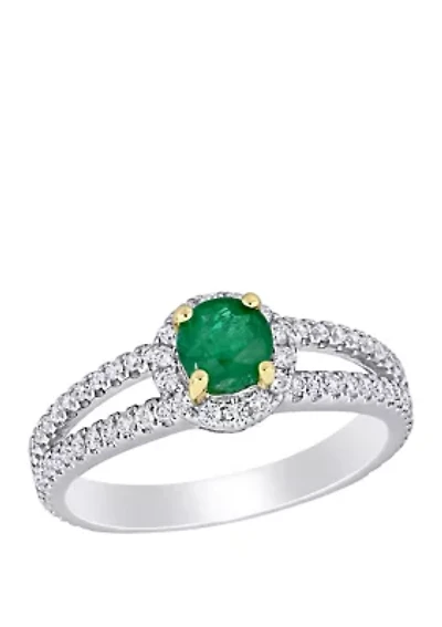 Emerald and Diamond Halo Split Shank Engagement Ring