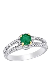 Emerald and Diamond Halo Split Shank Engagement Ring