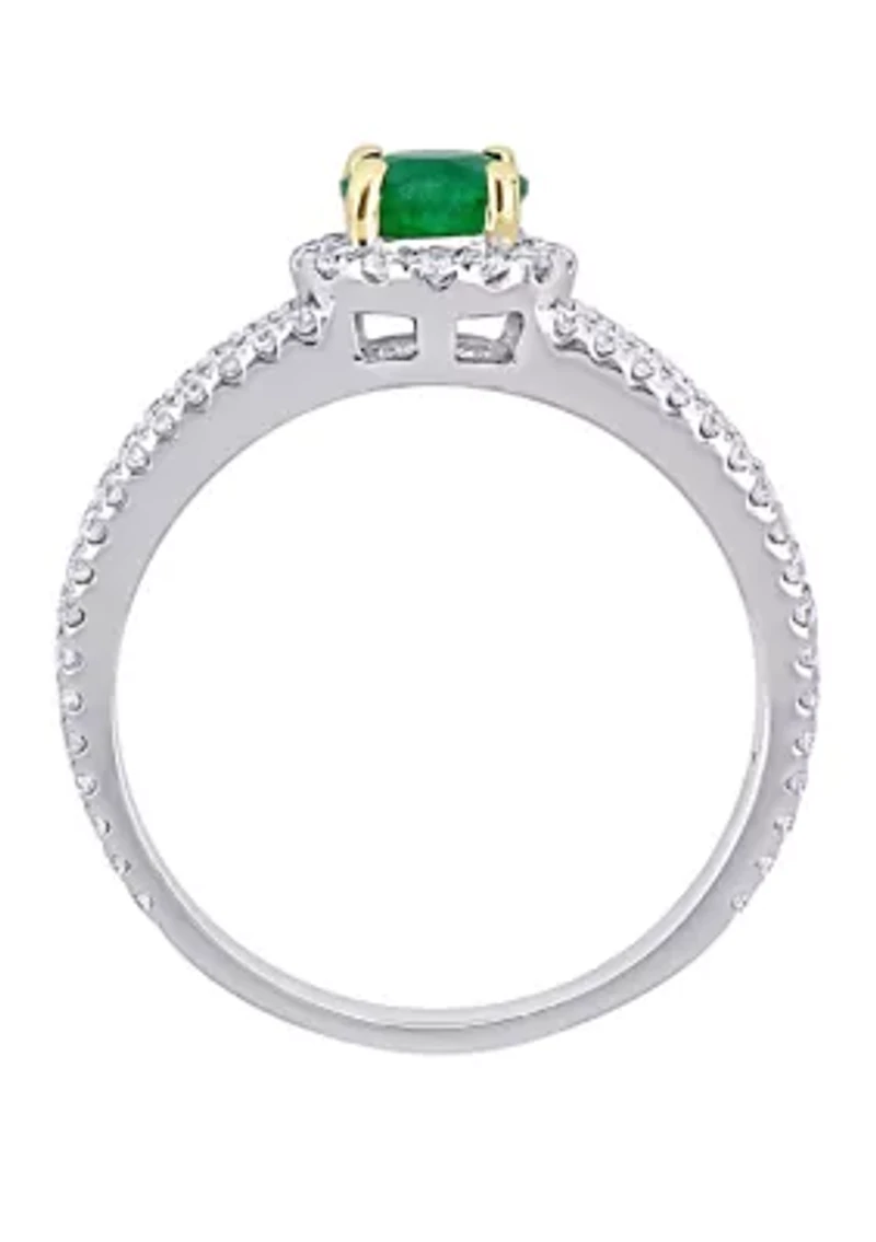 Emerald and Diamond Halo Split Shank Engagement Ring