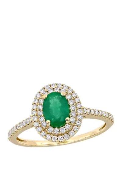 3/4 ct. t.w Emerald and 1/3 t.w. Diamond Double Halo Ring 14K Yellow Gold